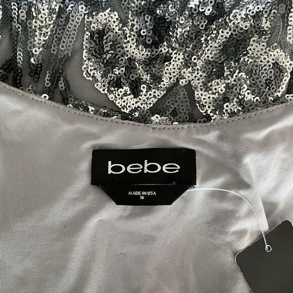 Bebe Geometric Sequin Faux Wrap Illusion Mini Long Sleeve Silver-tone 10 - Picture 5 of 11